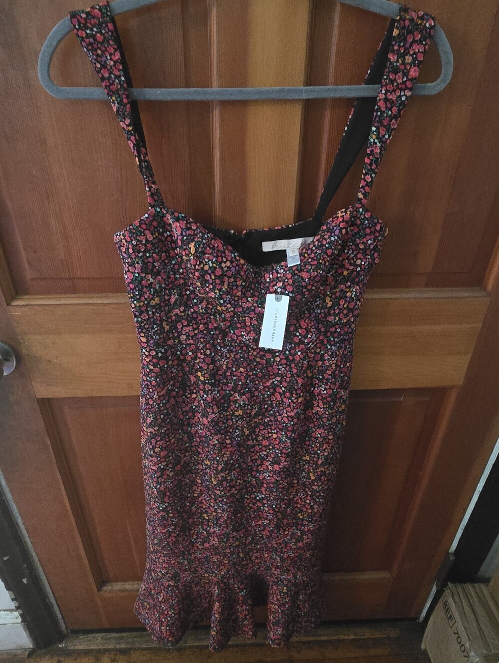 Anthropologie Black Floral Midi Dress with Pink & Yellow Accents